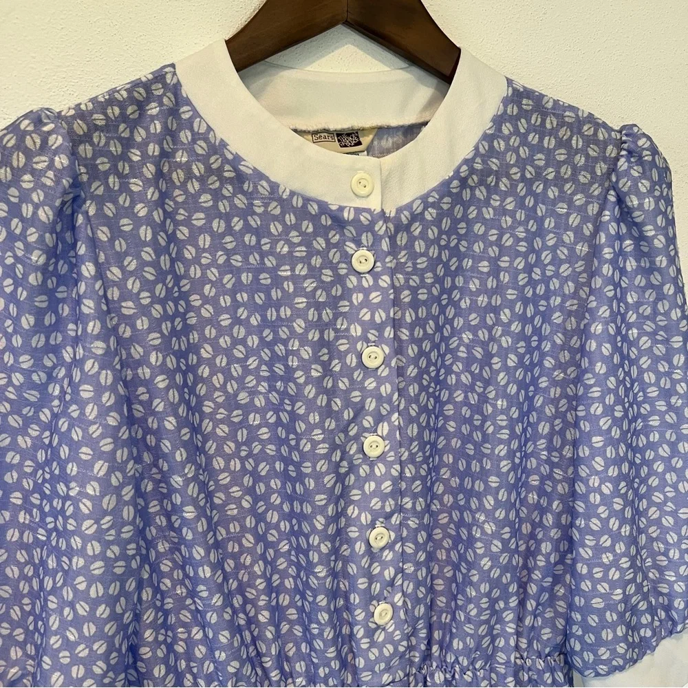 Vintage The Fashion Place Blue and White Coffee Bean Half Button Up Midi Dress - Picture 4 of 12